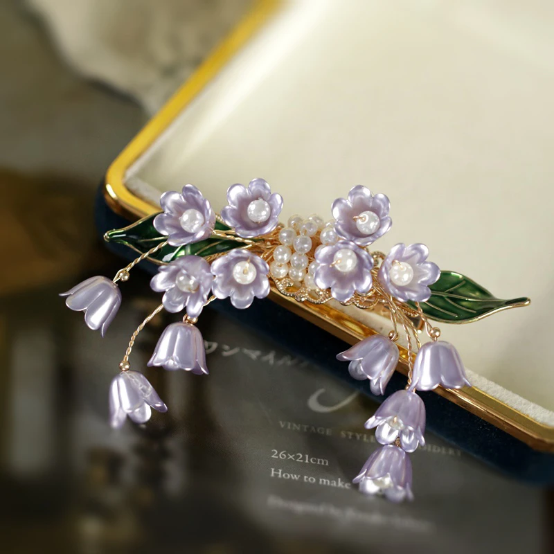 FXLRY Original Handmade Natural Shell Pearl Mori French Vintage Lily-of-the-valley Purple Flower Hairpin Side Headdress