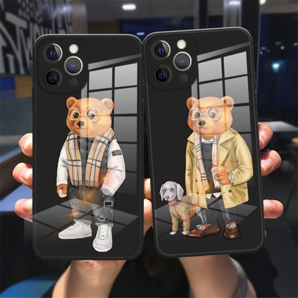 Cute Bear Fashion Brand Protective Phone Cover For iPhone 11 12 13 14 15 16 Pro Max 15 16 Plus Luxury Black Tempered Glass Case