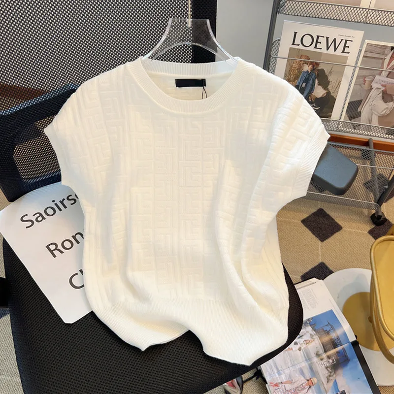 

Thin Knitted Short Sleeve Women's Summer Design Sense Light Luxury French Chic Sleeveless Ice Silk T-Shirt Trendy