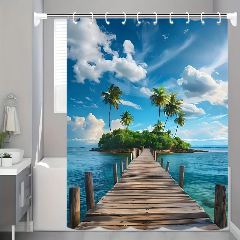 

Romantic Island Wooden Bridge Pattern Shower Curtain, Made of Durable Polyester Material, Available in Multiple Sizes, Easy Care