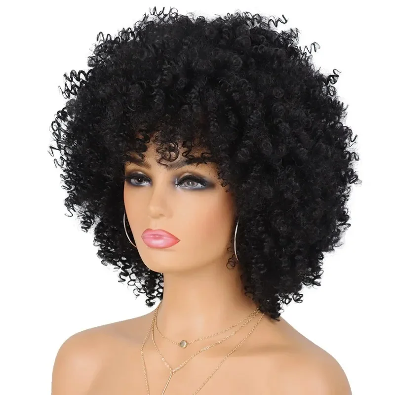 Afro Kinky Curly Fluffy Explosive Head Synthetic Short Curly Wig For Black Women 10 Inch Natural Black High Quality Wig Daily