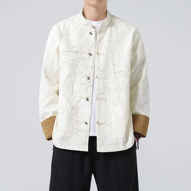 

Retro Chinese Sle Stand Collar Jaet for Young Men Large Size Modified Hanfu Outerwear Spring Autumn Copper Button Coat