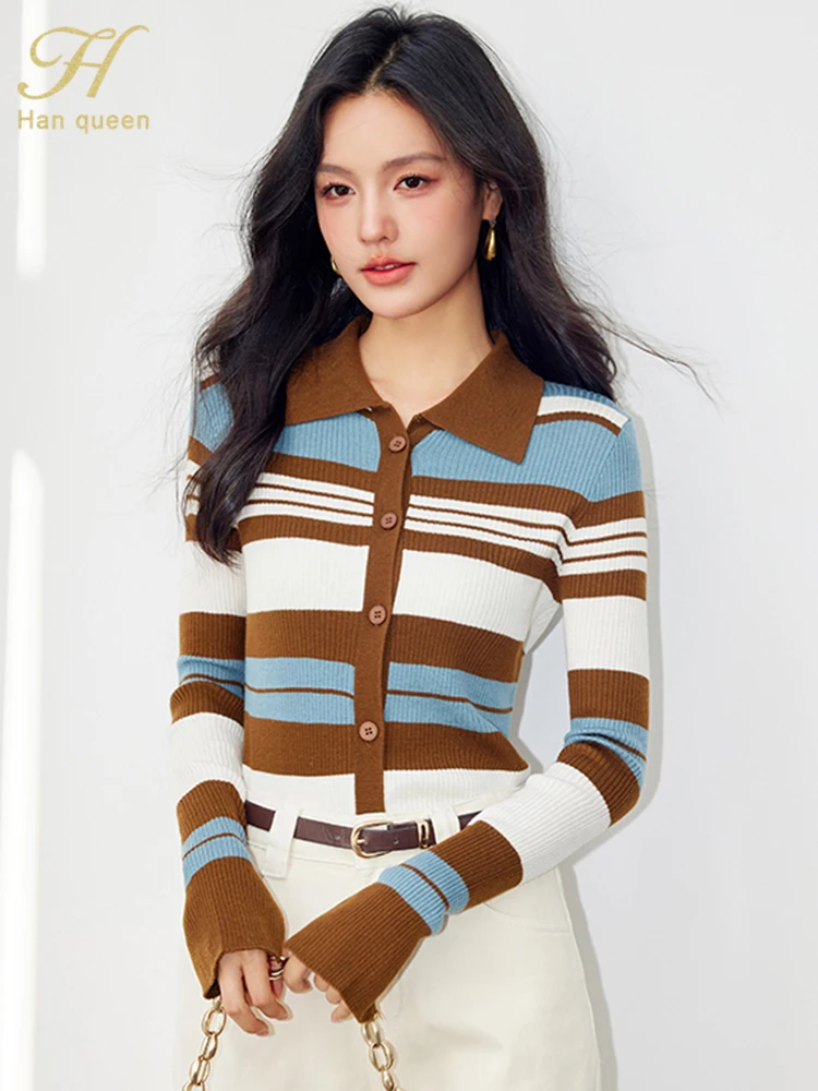 H Han Queen Elegant Colorblocked Striped Knitwear Womens Cardigan Simple Office Sweater Women korean Reviews Many Clothes Outer