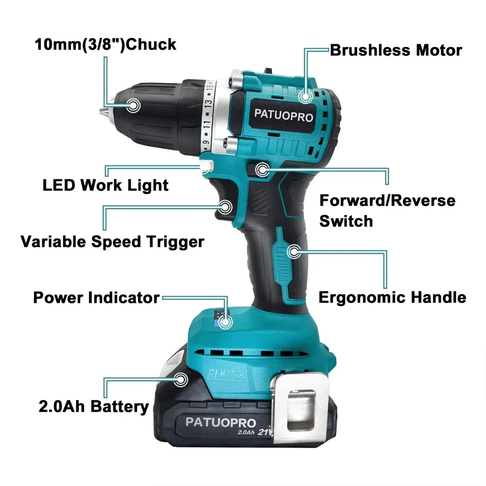 Imagem -03 - Broca de Mão Elétrica sem Fio sem Escova Chave de Fenda Velocidades 23 Torque com Bateria e Carregador 21v 10 mm