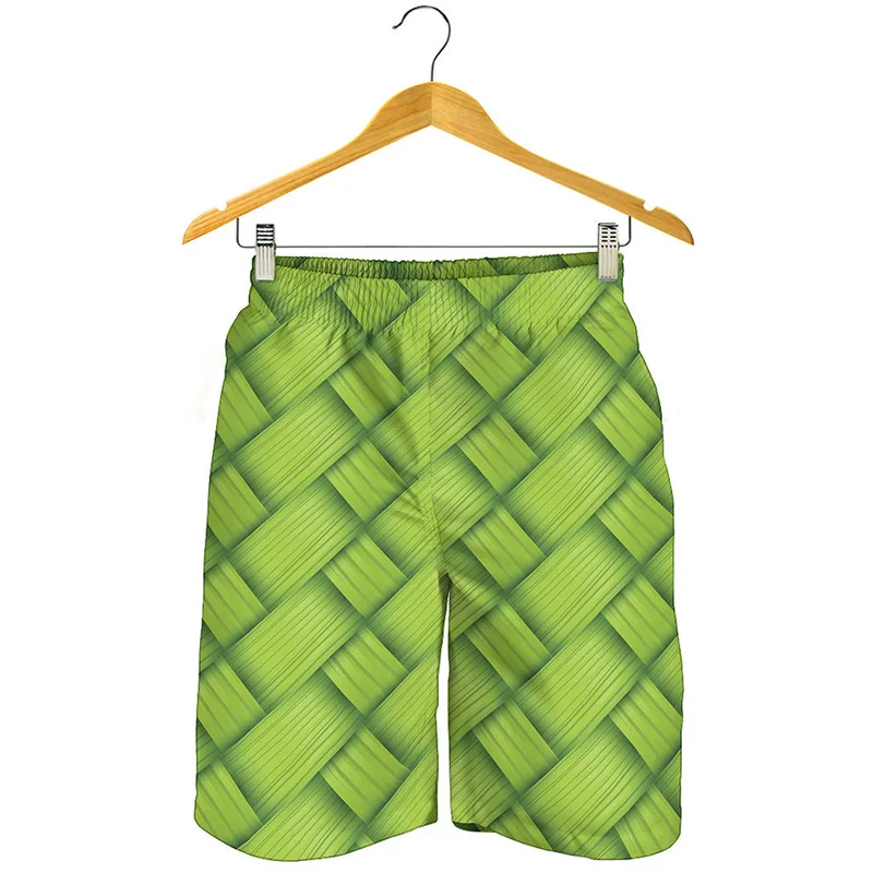 Green Bamboo Leaf 3D Printed Beach Shorts For Men Women Plants Pattern Swimming Trunks Summer Streetwear Oversized Short Pants