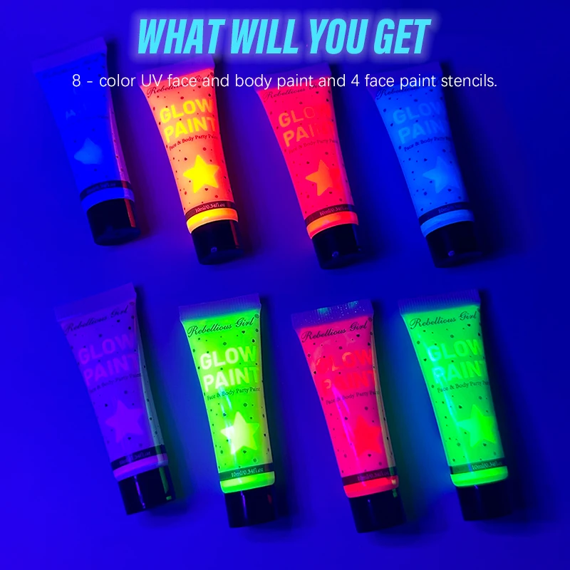 10ml 8色UVブラックライトフェイスペイント、タトゥーステッカー付き、蛍光ネオンボディペイント、洗えるクイック、マルディグラハロウィン