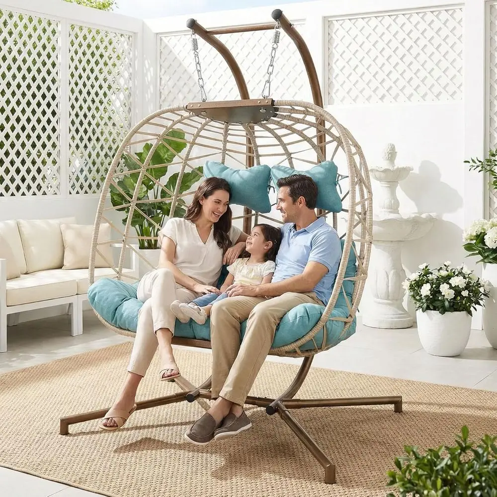 

2 Person Outdoor Indoor Swing Egg Chair with Stand, Heavy Duty Hammock Chair for Porch, Balcony, Turquoise with Cushions and Cov