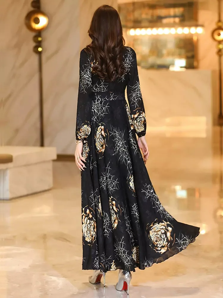 New Women Spring Summer Print Long Dress Fashion V-Neck Long Sleeve Slim Dress Elegant Flowing Holiday Overlength Dress