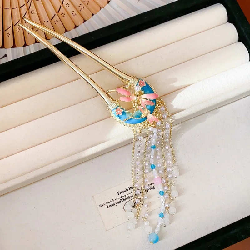 الأزرق الوردي النفط يقطر فراشة دبابيس الشعر للنساء الرجعية اليعسوب الزجاج شرابة U-شكل شوكة الشعر تقليد اللؤلؤ الشعر العصي V