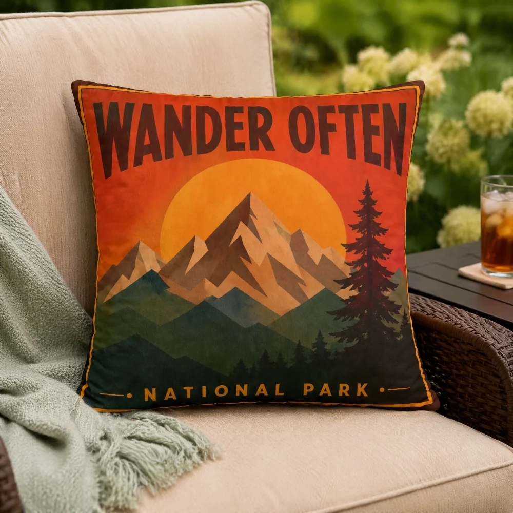 Vintage Tree Sunset Print Stuffed Throw Pillow Soft Complete Square Cushion Outdoor Cabin Camping Home Decor Pillow