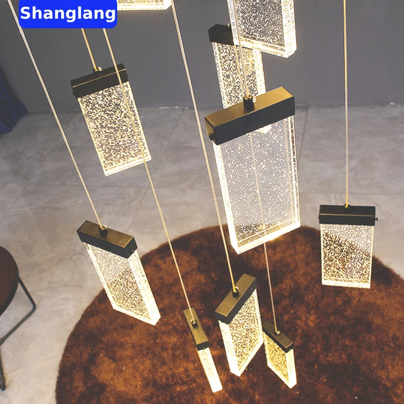 Modern Staircase Square Crystal LED Chandelier Black Duplex Attic Living Room Chandelier Hall Staircase Indoor Pendant Lighting
