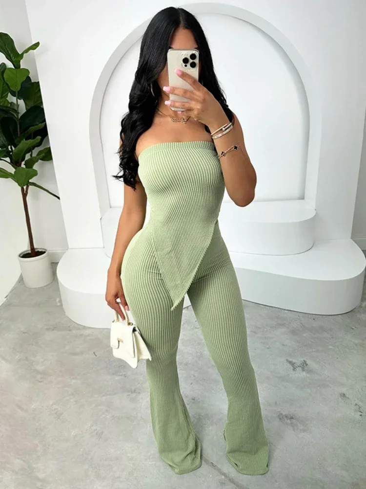 XIZOU Ribbed Basic Women Tracksuit 2 Piece Set Stretch Irregular Tube Tops+Flare Trousers Skinny Simple Matching Outfits