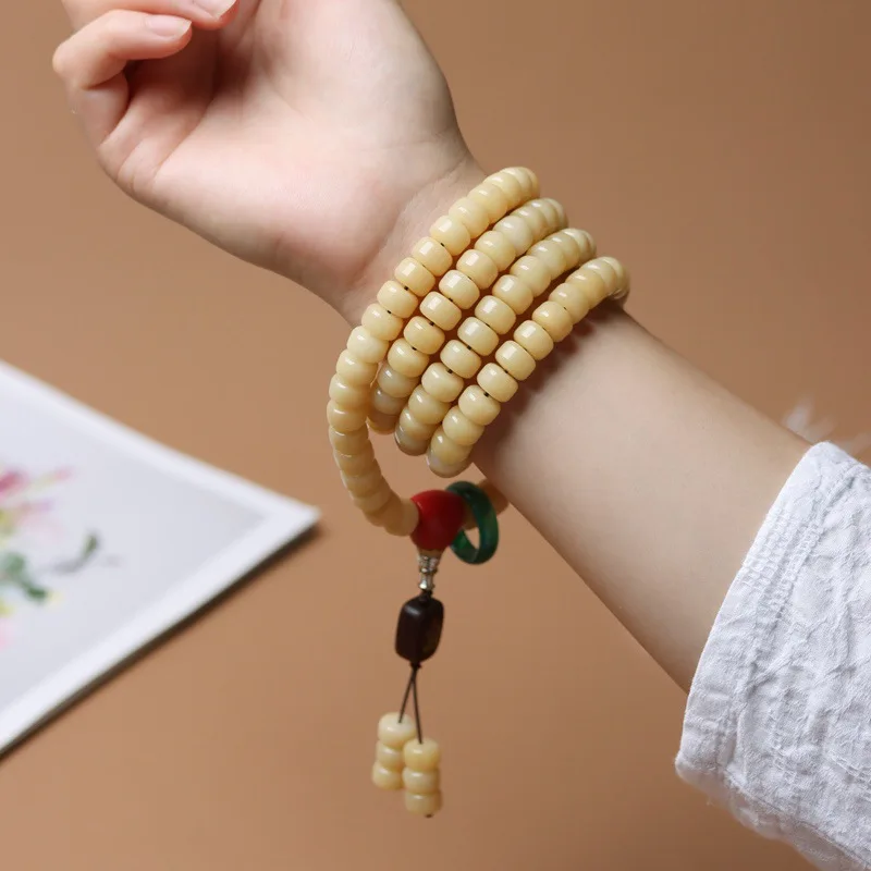 Aged and weathered white jade bodhi root 108 old-style cylindrical loose a string of prayer beads handheld