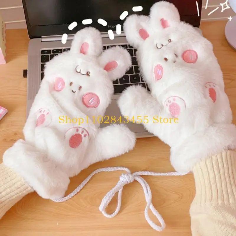 49MC Women Winter Gloves Warm Lining Mittens Cozy Thick Gloves Cartoon Bear Pattern Mittens Winter Cold Weather Accessories