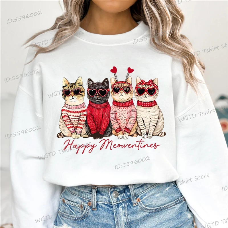 New Fashion Women Hoodie Valentine Cat Loose Pink Hoodie Long Sleeve Trendy Heart Love Cat Sweatshirt for Women Hoodie Oversize