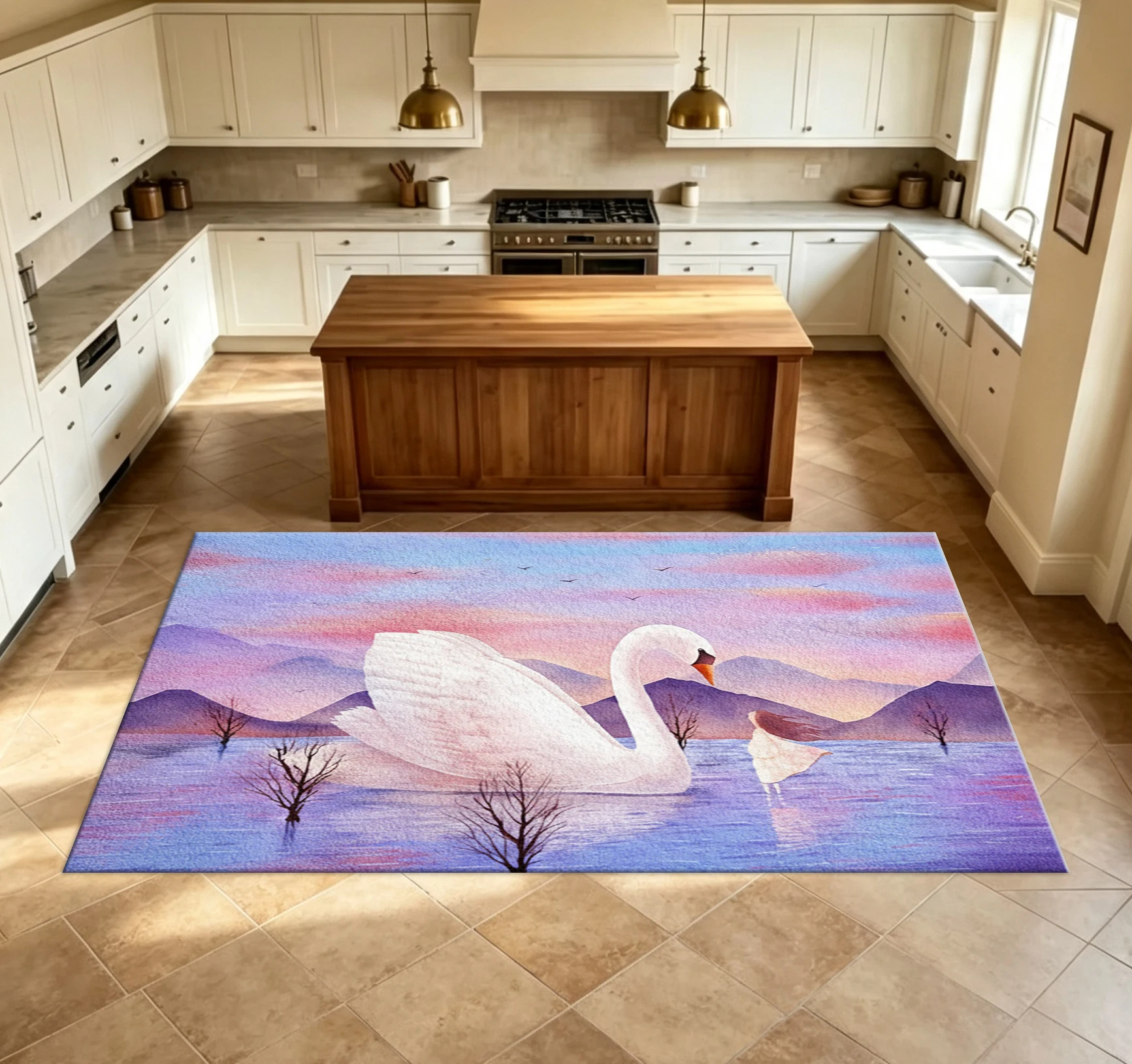 Watercolor Painting of Swan Lake Scenery Carpet, Dreamy Mountain Scenery Sunset Fantasy Non-Slip Floor Carpet, Suitable for Bedroom Aesthetics and Home Decoration