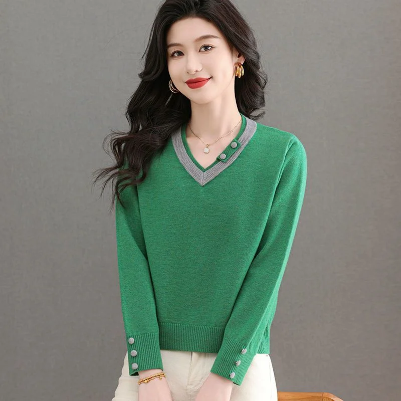 Sweater Women's Color-blocking Short Fashionable V-neck Base Shirt Top