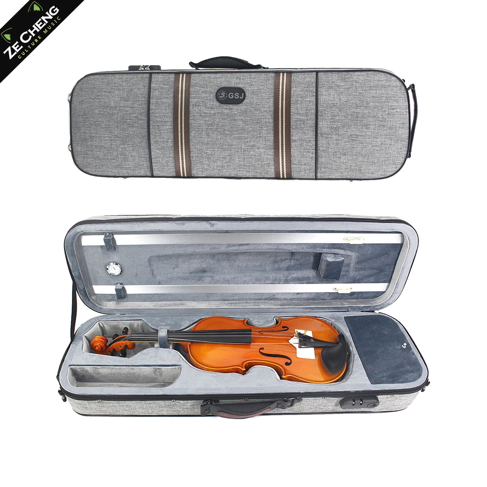 Gray High-End Rectangular Violin Case, Large Capacity, Easy to Carry, with Hygrometer, Suitable for 4/4 Violin
