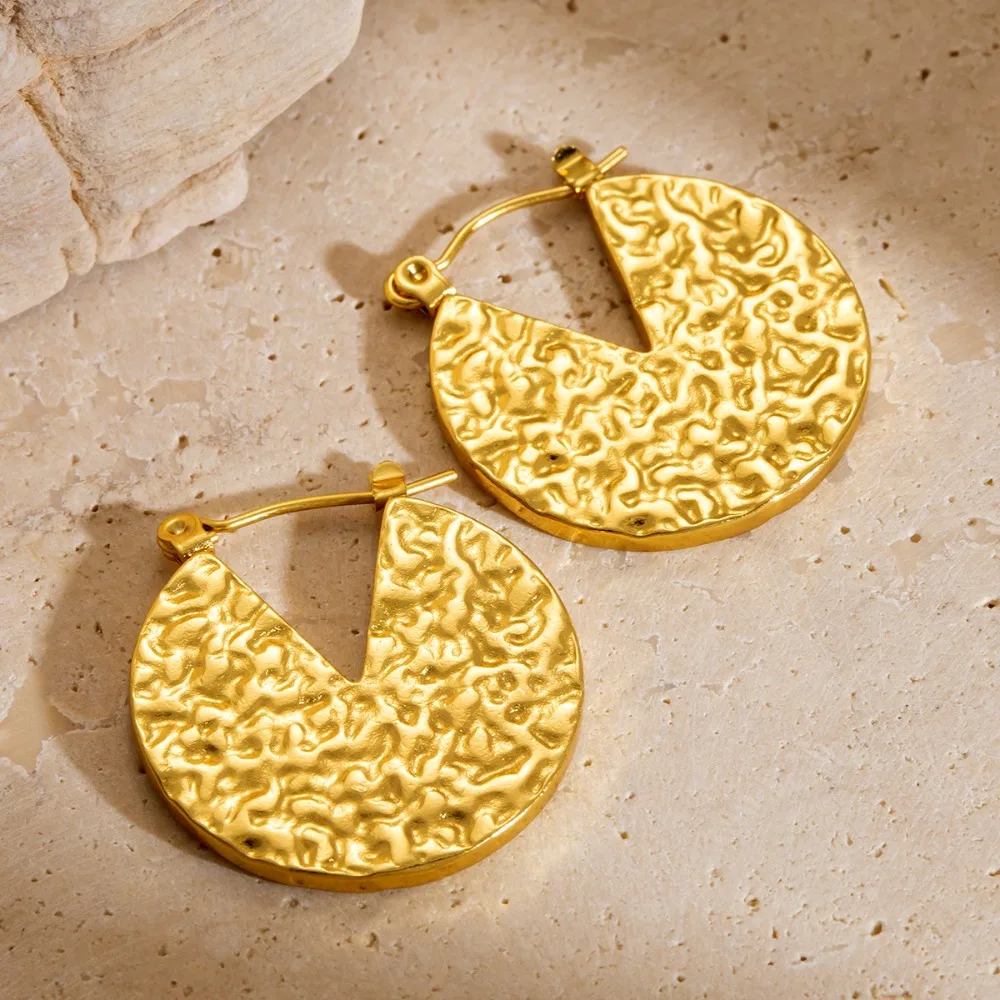 Retro Irregular Geometric Round Stainless Steel Oil Pressure Hammer-pattern Gold Color Hoop Earrings for Women No Fading Jewelry