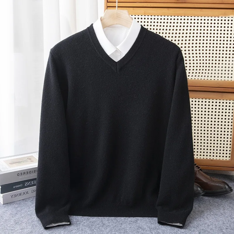 Maglione di lana da uomo Pullover con scollo a V Autunno Inverno Cashmere Caldo solido Maglieria Abbigliamento Business Bottoming Top morbidi