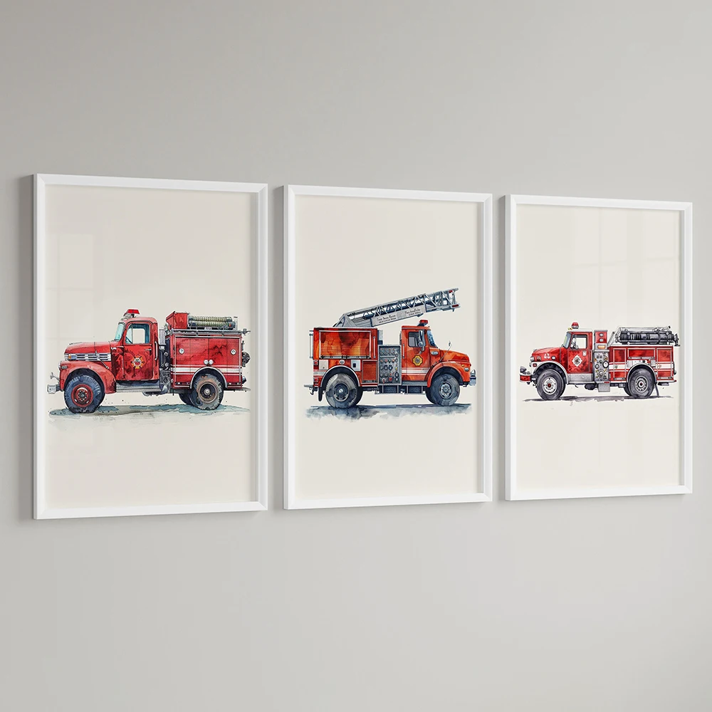 3PCS Frameless,3pcs Firetruck Boys Nursery Vintage Wall Art Canvas Little Firefighter Nursery Print Kids Adventure Rescue Truck