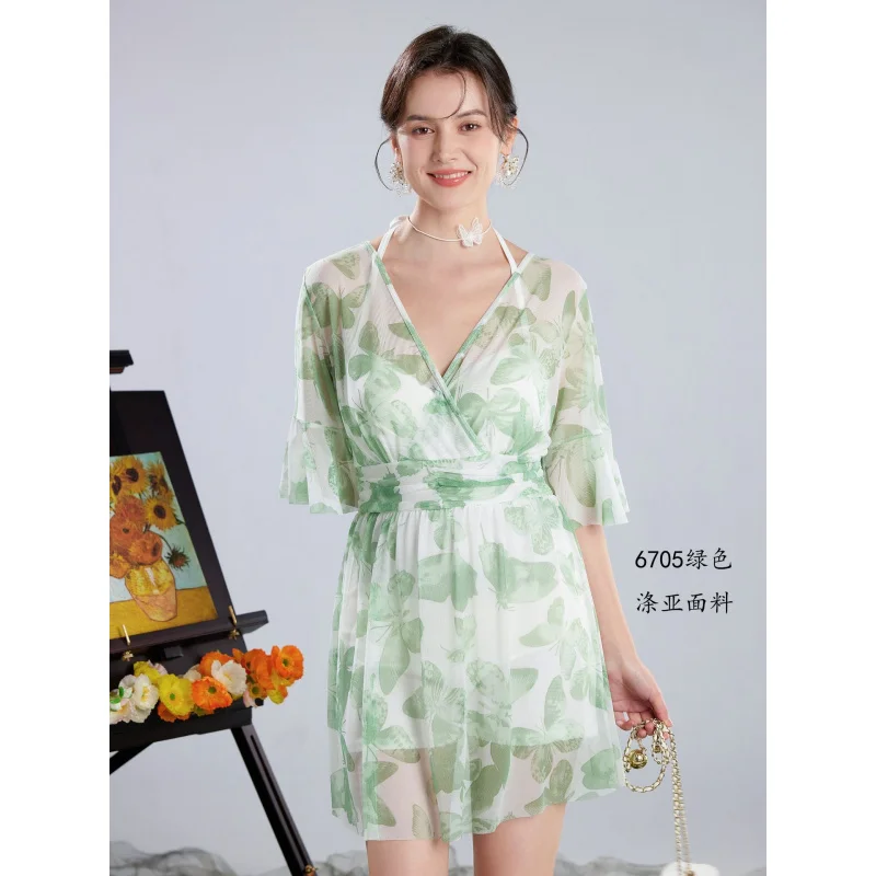Minsu Beach New Korean Sexy Small Chest Gathered Underwire Sheer Long Dress Swimsuit for Women Hot Spring Swimwear