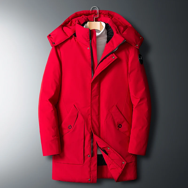 

Мужской пуховик средней длины, большой размер, зимнее повседневное модное подростковое белое утиное пуховое пальто с капюшоном, толстое теплое пальто на хлопковой подкладке для пар