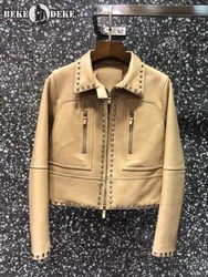 Women Genuine Leather Jacket Punk Style Slim Rivet Sheepskin Short Coat High Street Female Motorcycle Jackets Customized 20 Days