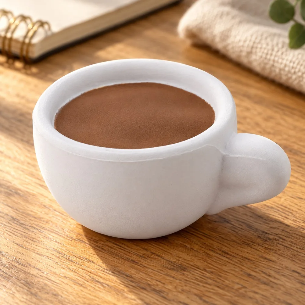 Coffee Cup Squishy Toy Soft PU Slow Rising Foam White Mug Shape with Brown Top Handheld Desk Fidget Gift for Adults and Teens