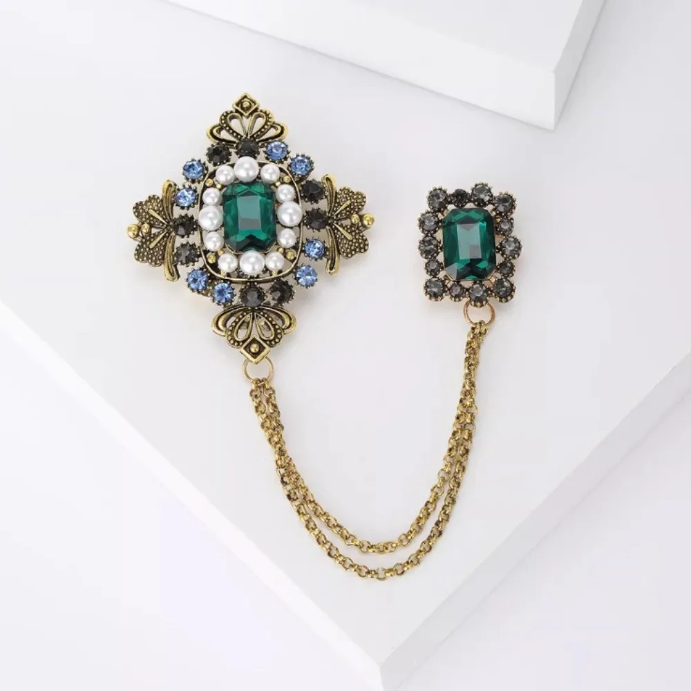 Square Studded Pearl Brooches Palace Style Metal Tassel Suit Coat Pin Rhinestone Openwork Geometric Baroque Brooch