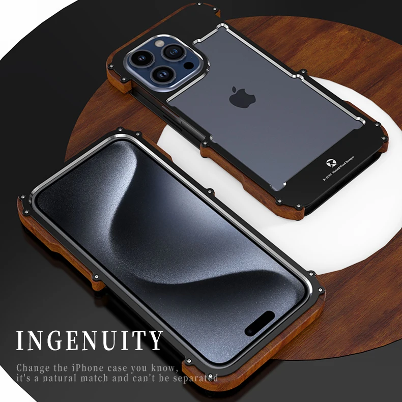 R-JUST Luxury Ironwood 1st Metal Frame Cases for iPhone 16 15 14 13 12 11 Pro Max Plus Shockproof Contrast Metal & Wood Case