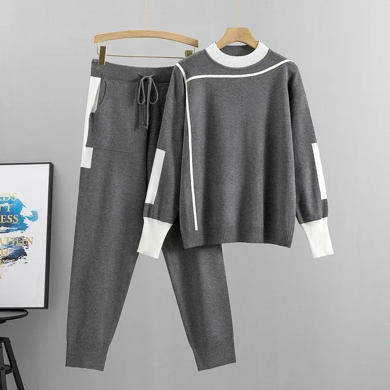 Autumn Runway 2 Pieces Set Knitted Long Sleeve Pullovers Sweater Casual Patchwork Fashion Women Tops and Pants Suits Spring N826