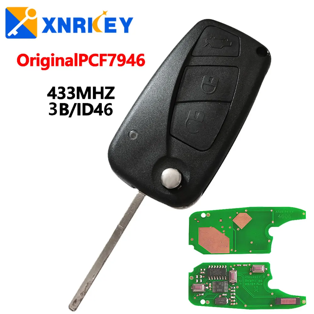 

XNRKEY Original 3 Button Black Flip Car Remote Key PCF7946 Chip 433Mhz for Fiat 500 Panda Punto Bravo Delphin Car Key