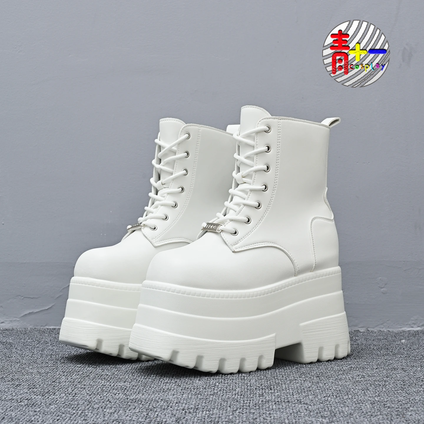 

Men's Cosplay Boots 20cm Thi Bot Heightening oes White Waterproof PU Leather round Toe Flat Heel All-Season Boots