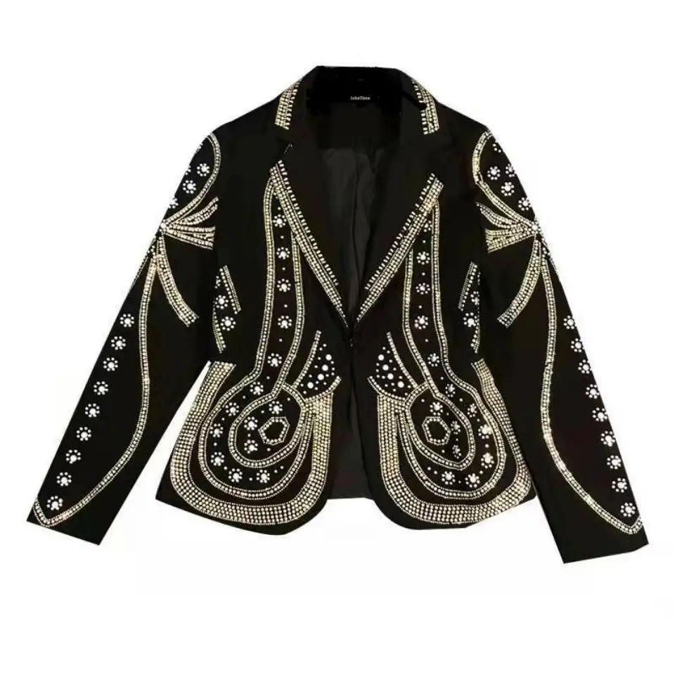 

Korean Women's Spring Blazer Coats Metal Sequin Gilding Rivet Slim Lady Long Sleeve Pattern Jackets Suit Female Chaquetas Mujer