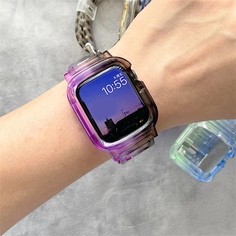 Gradient Clear Band For Apple Watch Series 8 7 6 5 4 Transparent Silicone Bracelet For Iwatch 41 45 42 38 40 44mm New Case+Strap