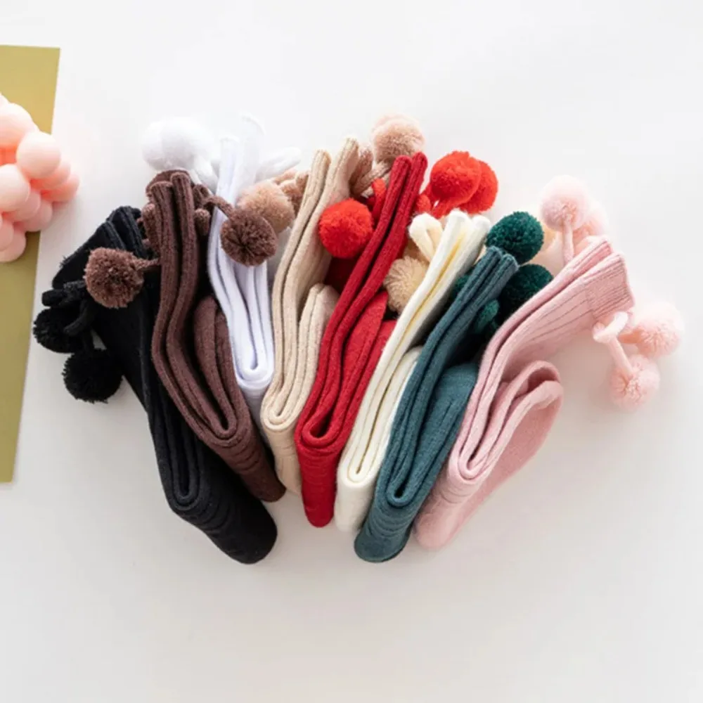 الطفل الجوارب الصلبة القطن لينة طويلة الأميرة الجوارب مع لطيف بوم بوم القوس ديكور صبي الفتيات بسط الدافئة دافئ جوارب غير رسمية جوارب #3