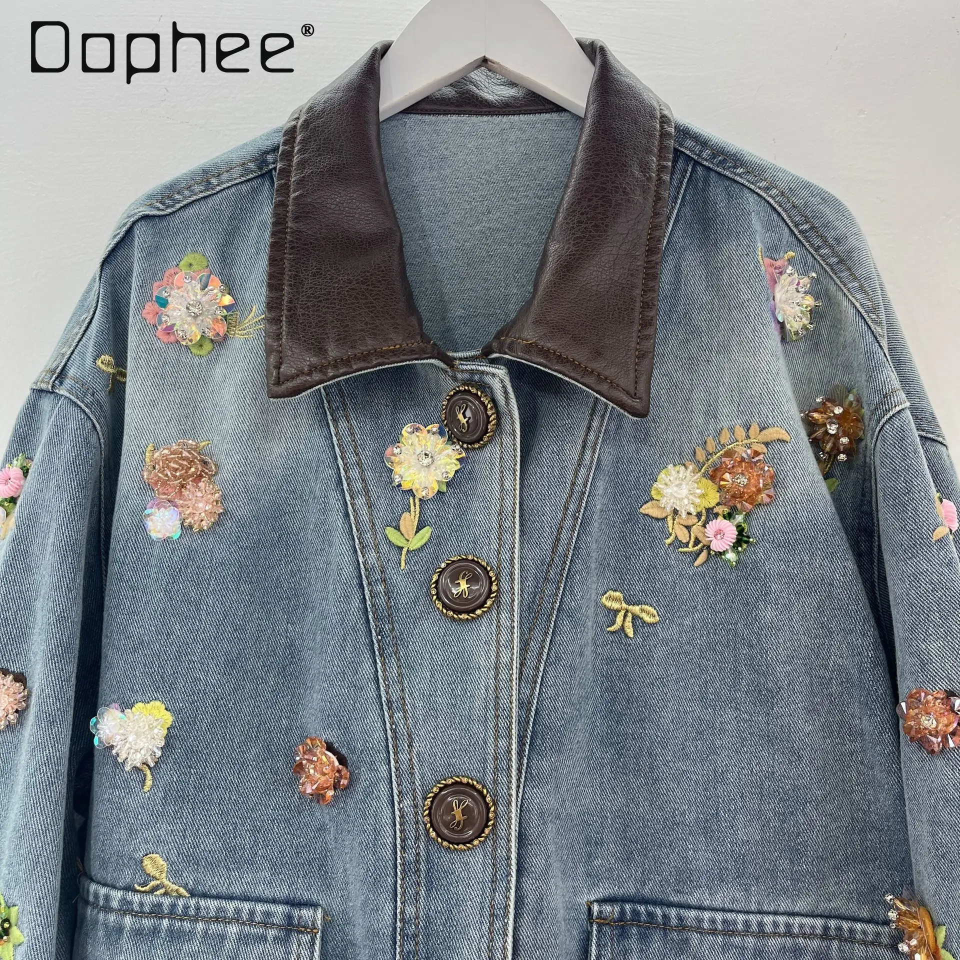 

Autumn Winter New High-end Vintage Floral Beaded Denim Jackets for Women Fashion PU Turn-down Collar Loose Fashion Short Jacket
