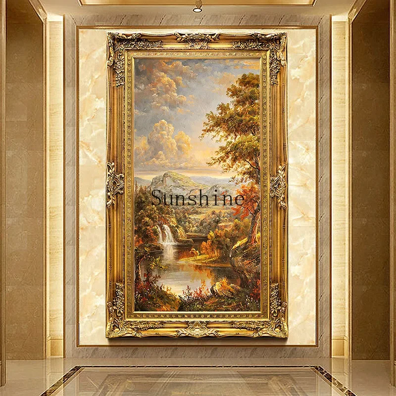 European hand-painted retro living room vertical oil painting village decoration entrance landscape hanging painting