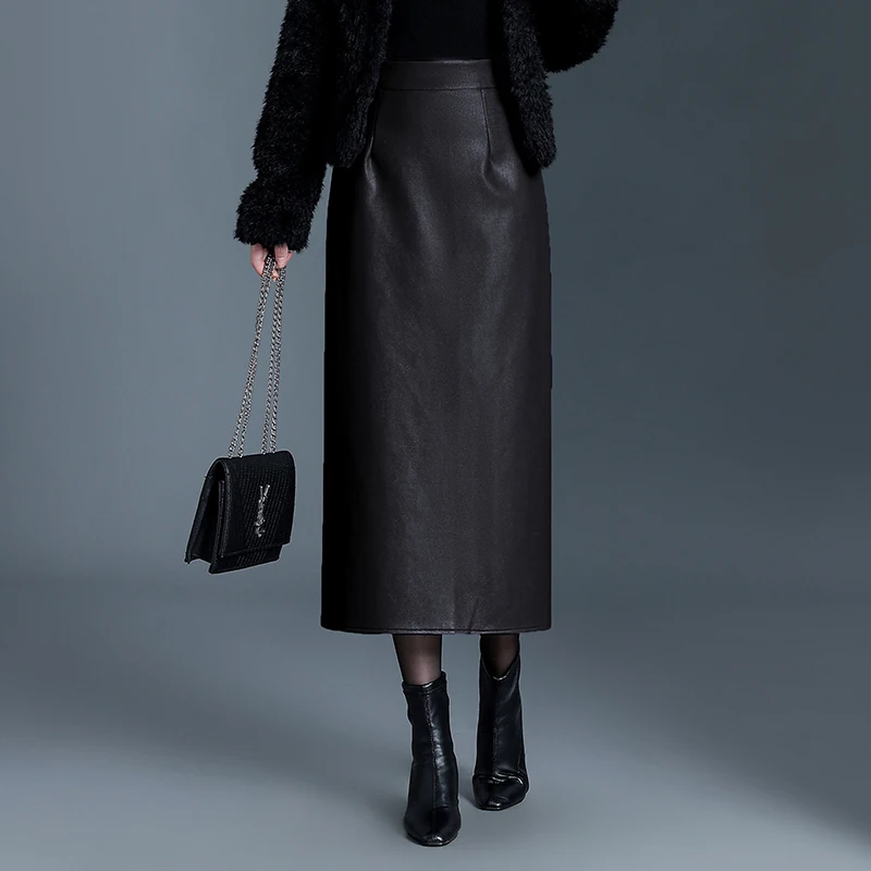 ZUZK Vrouwen Nieuwe PU Lederen Bodycon Rokken Rechte Rok Herfst Winter Hoge Taille Chic Eenvoudige Veelzijdige PU Lange Rok