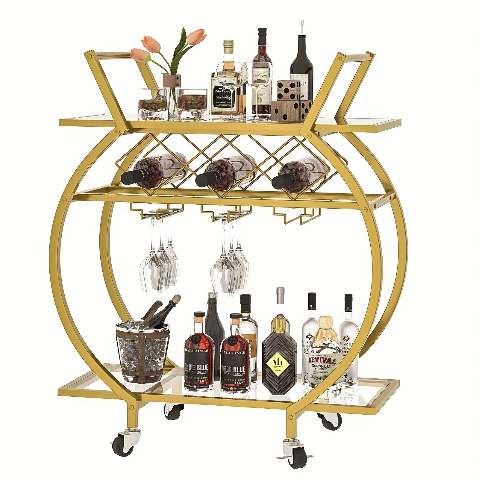 

2-Tier Mobile Bar Cart with Wine Rack & Rolling Cart - Modern Round Industrial Rolling Storage Trolley, /Metal Frame & Engineered Wood Top, Heavy-Duty MDF Base Suitable for Kitchen, Bar, Living Room - Space-Saving Serving Cart