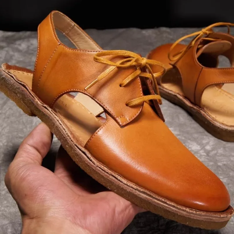 Vintage Cowhide Handmade Roman Sandals Men's Shoes Genuine Leather Comfortable Summer Casual Outdoor Beach Shoes Male