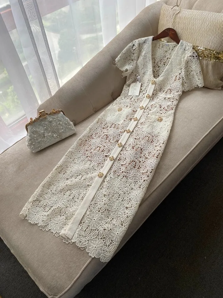 

Top Quality High-Density Water-Soluble Lace Embroidery Dress Women's V-Neck Single Breasted Belt Hollow Out Long Vestidos