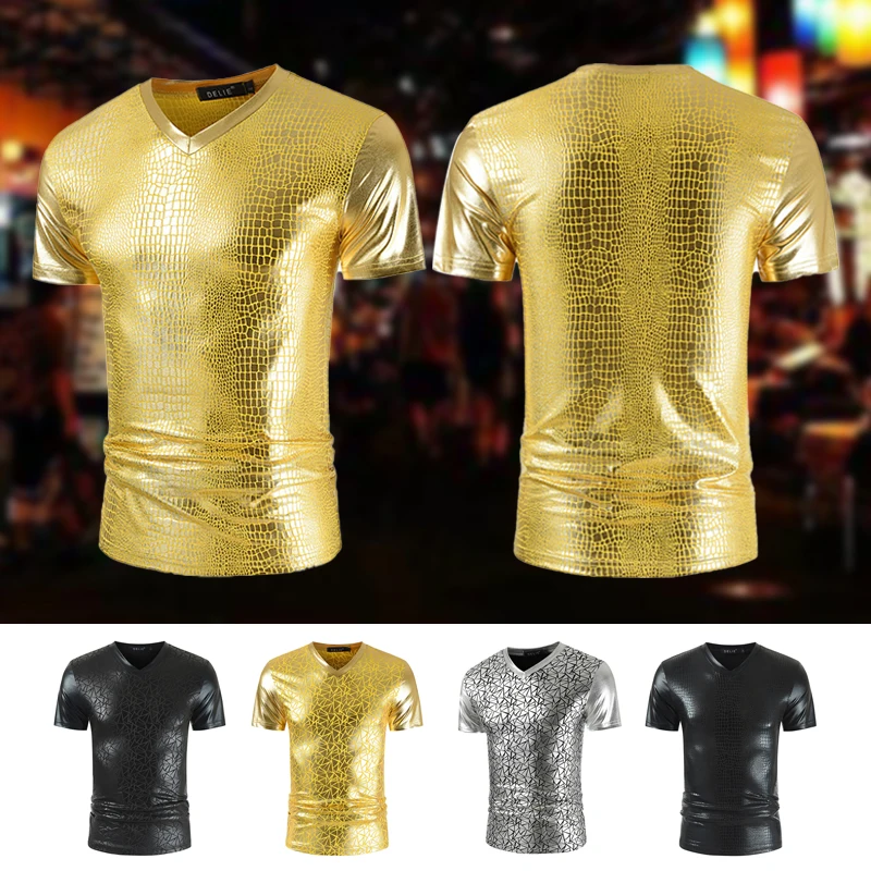 Mens Shiny Metallic Slim Fit Shirts Fashion Faux Leather T-Shirt Short Sleeve Tops Night Club Disco Party Club Stage Costume