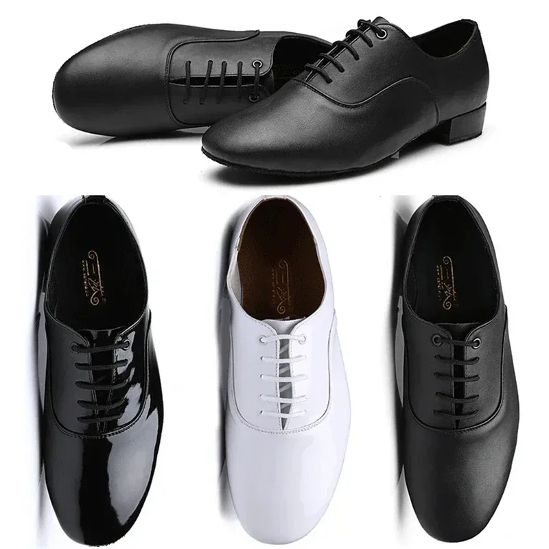 Men Latin Dance Shoes Professional Modern Tango Salsa Leather Ballroom Shoes Square Low Heels Man Sneaker Jazz Back White Color