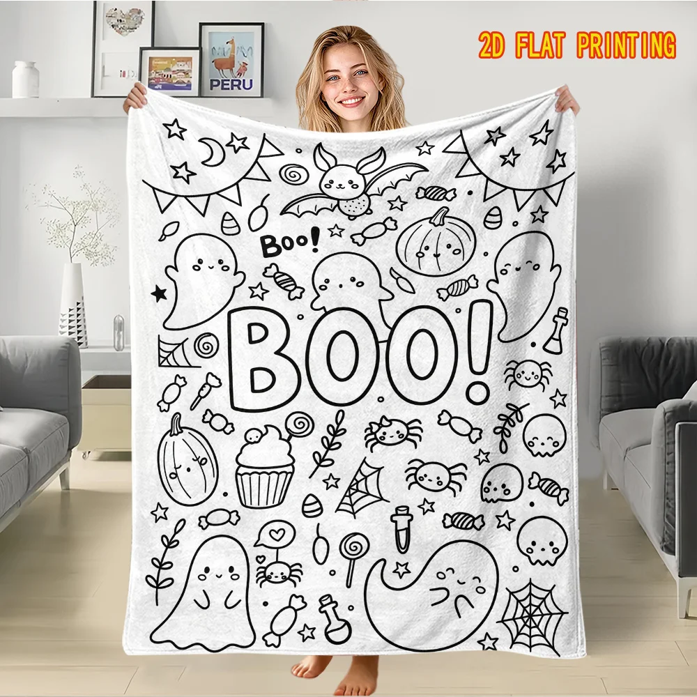 Hand‑Painted Stress‑Relief Coloring Blanket, Halloween Candy Graffiti 