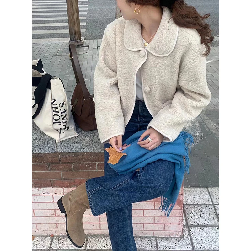 MEXZT Vintage Płaszcz z Wełny Jagnięcej Damski Krótki Kieszenie Puszysta Kurtka Zimowa Streetwear Koreański Długi Rękaw Futrzana Krótka Odzież Wierzchnia Nowa