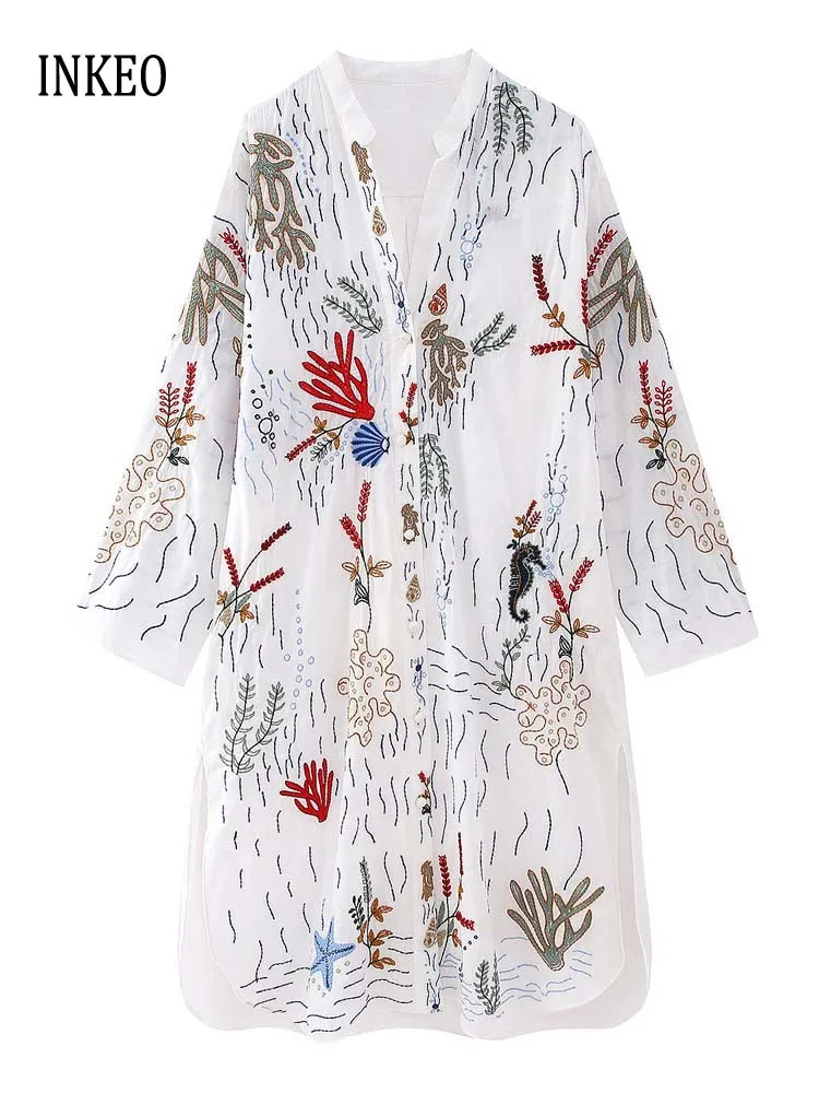 

Luxury Long Embroidery blouse dress Chinese style White long sleeves shirt 2025 New Fashion Oversized Blouse Tops INKEO 3T091