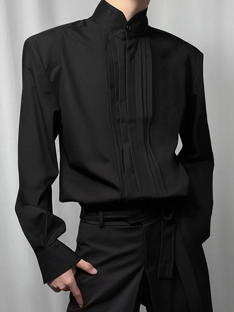 New Chinese Style Long Sleeve Stand Collar Men's Shirt Early Autumn Neutral High-End Feeling COS Service Wrinkle Splicing Des...