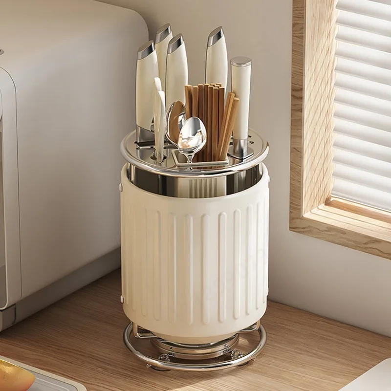 Countertop Rotating Knife Storage Rack Multifunctional Kitchen Utensil Holder Chopsticks Integrated Organizer for Home